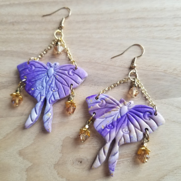 Purple and Goldleaf Luna Moth Earrings