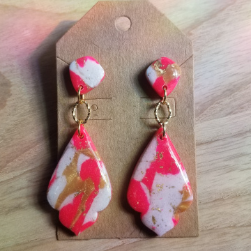 Neon Pink White and Goldleaf Earrings